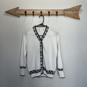 Vintage 60s Ivory & Black Cross Knit Cardigan Button Sweater S/M Dacron Poly